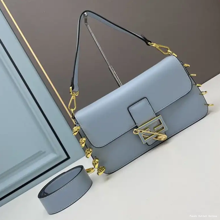 Leather with Fendace Calf Pin Bag In Brooches Baguette Blue Fendi Sky Medium 0526